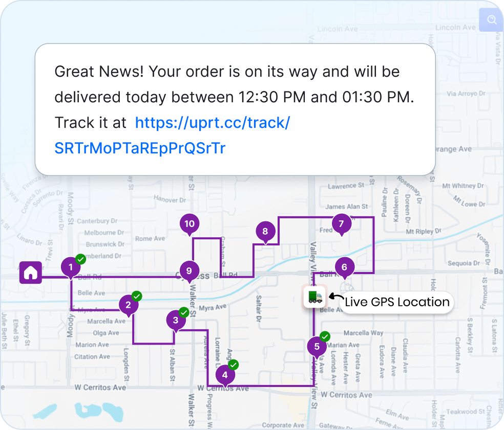 Customer delivery tracking page displaying live driver location, real-time ETA countdown, and delivery status on a branded web page